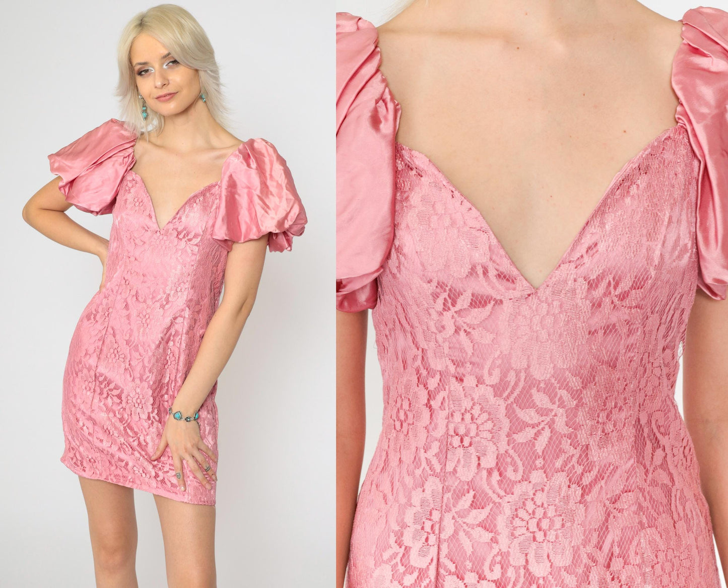 80s Pink Lace Mini Dress Puff Sleeve Plunge V-Neck Sheath Small