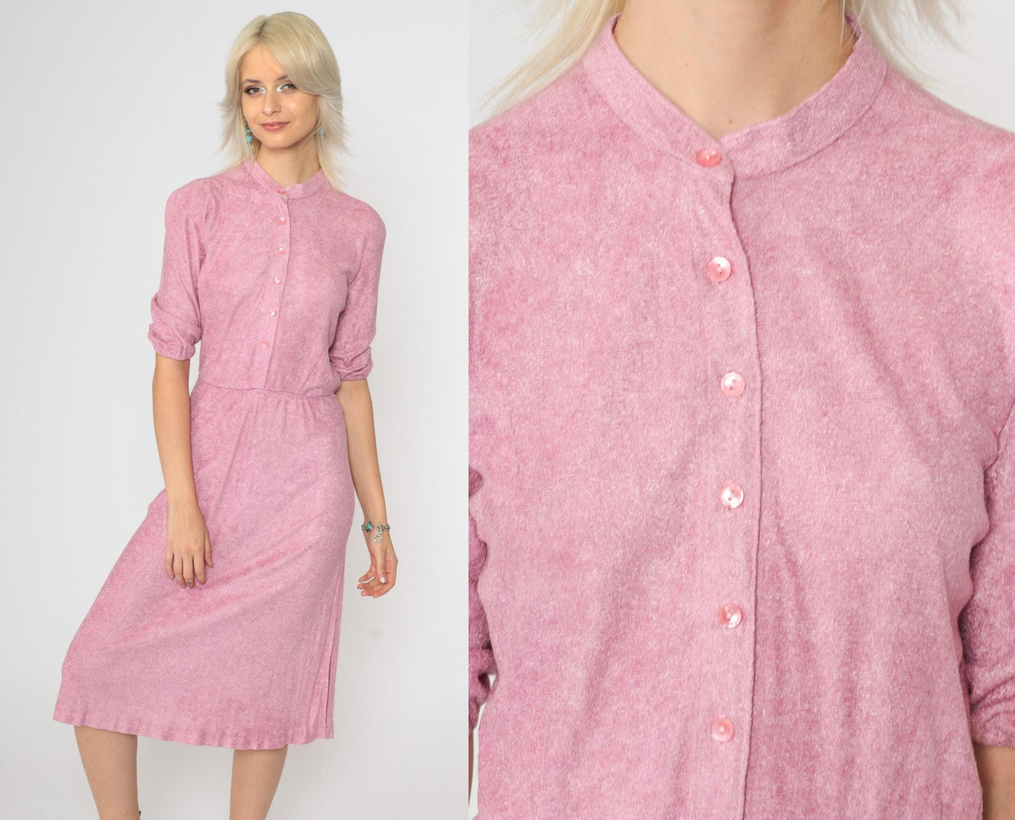 70s Pink Terry Cloth Midi Dress Mandarin Collar Button Up Half Sleeve Extra Small