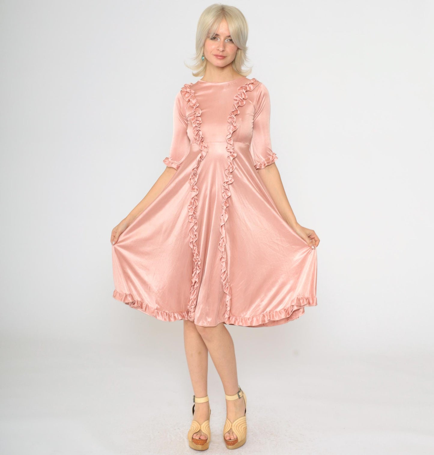 70s Pink Ruffled Babydoll Midi Dress Empire Waist Half Sleeve XXS