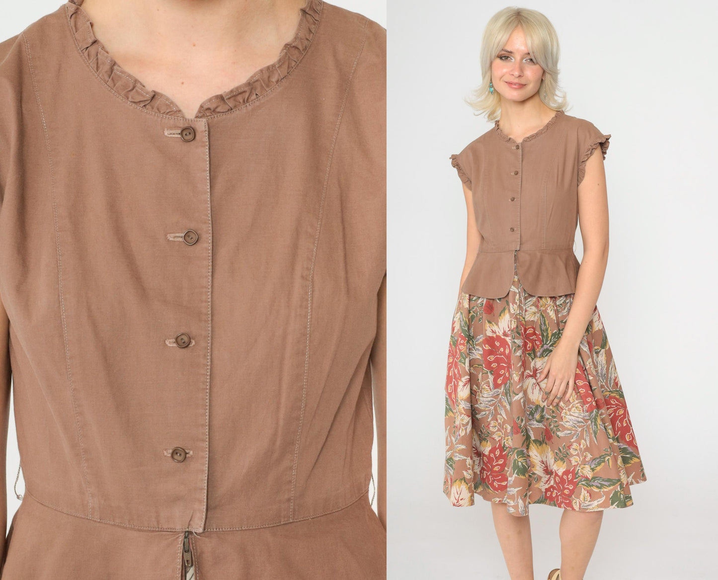 70s Floral Midi Dress Peplum Button-Up Cap Sleeve Red Green Beige Small