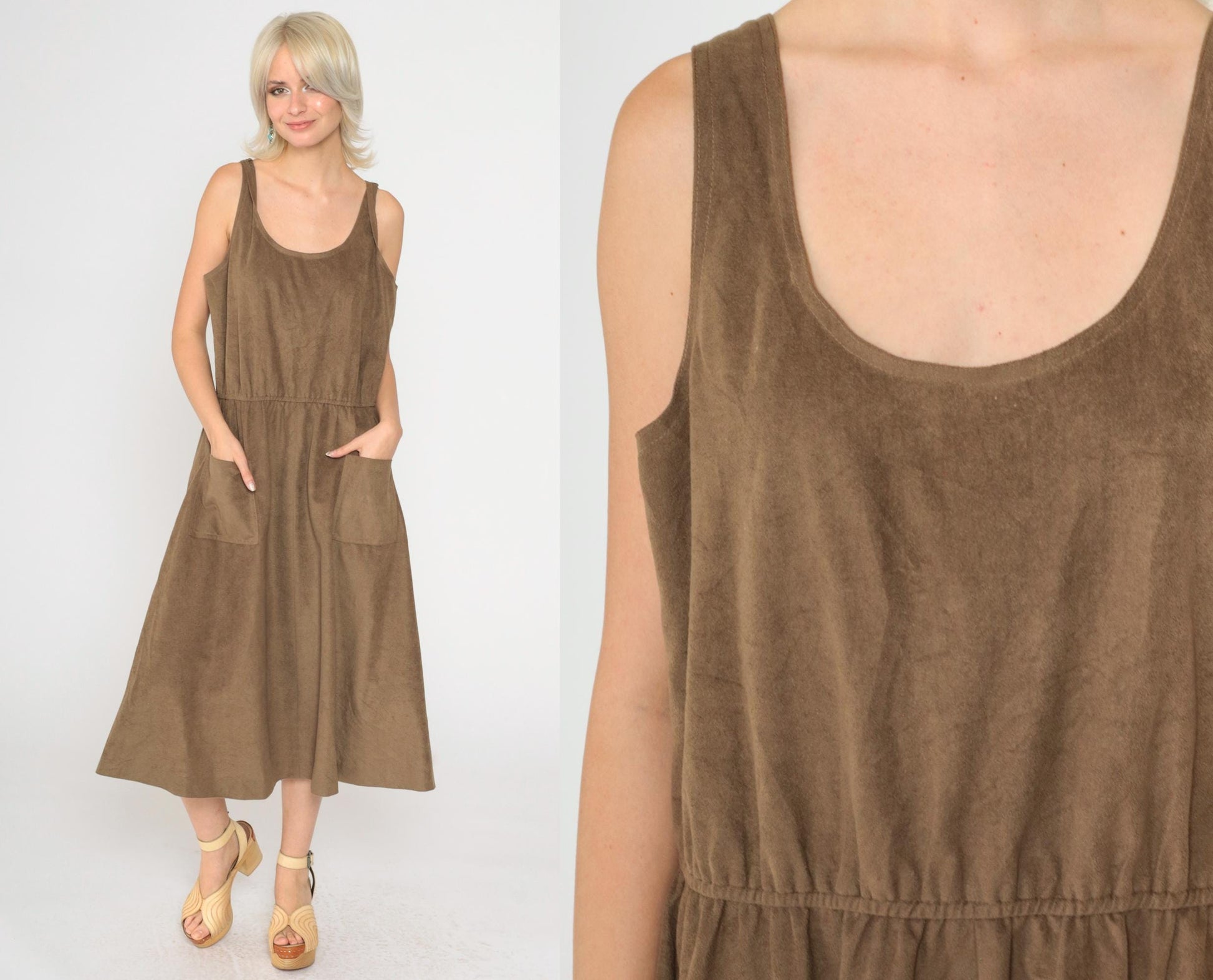 80s Brown Faux Suede Midi Dress Sleeveless Scoop Neck High Waist Medium Large