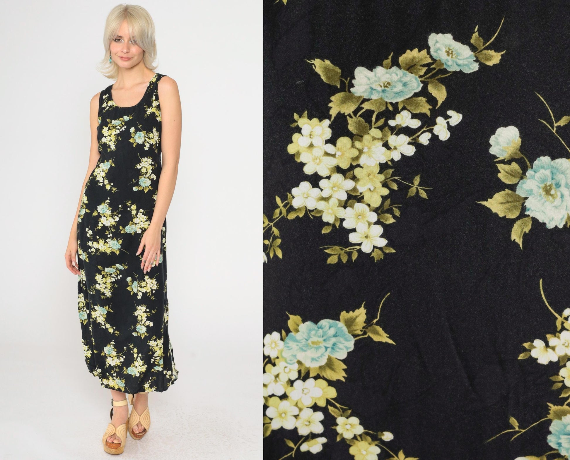 90s R&K Originals Black Floral Rayon Dress Sleeveless Ankle Length Medium