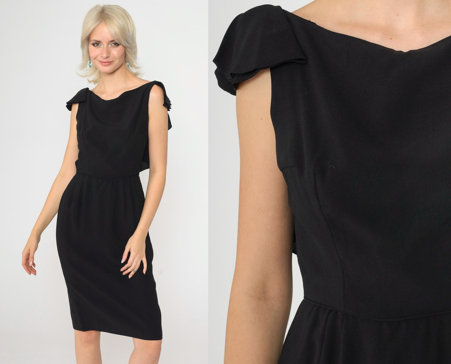 1960s Black Sheath Dress Ruffle Open Back Pencil Knee Length Small