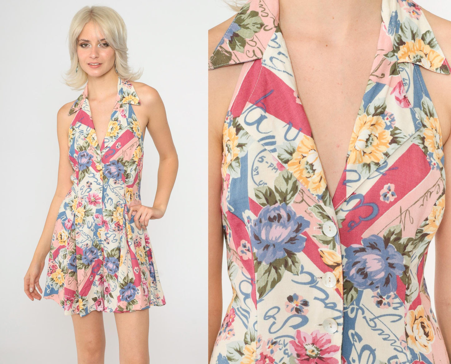 90s Floral Halter Romper Pink Blue Yellow Wide Leg Button Front Small