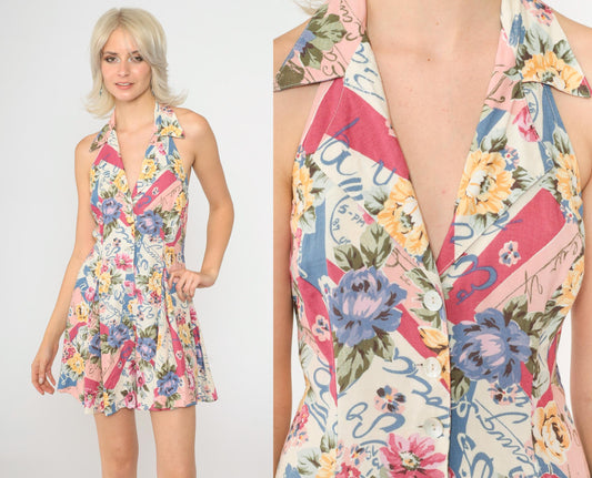 90s Floral Halter Romper Pink Blue Yellow Wide Leg Button Front Small