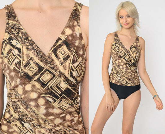 90s Geometric One-Piece Swimsuit Brown Yellow Surplice Neckline Medium 8