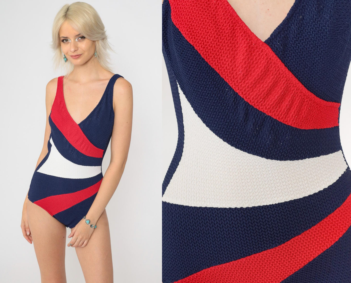 70s Robby Len One-Piece Swimsuit Red White Blue Color-Block V-Neck Low Back Medium