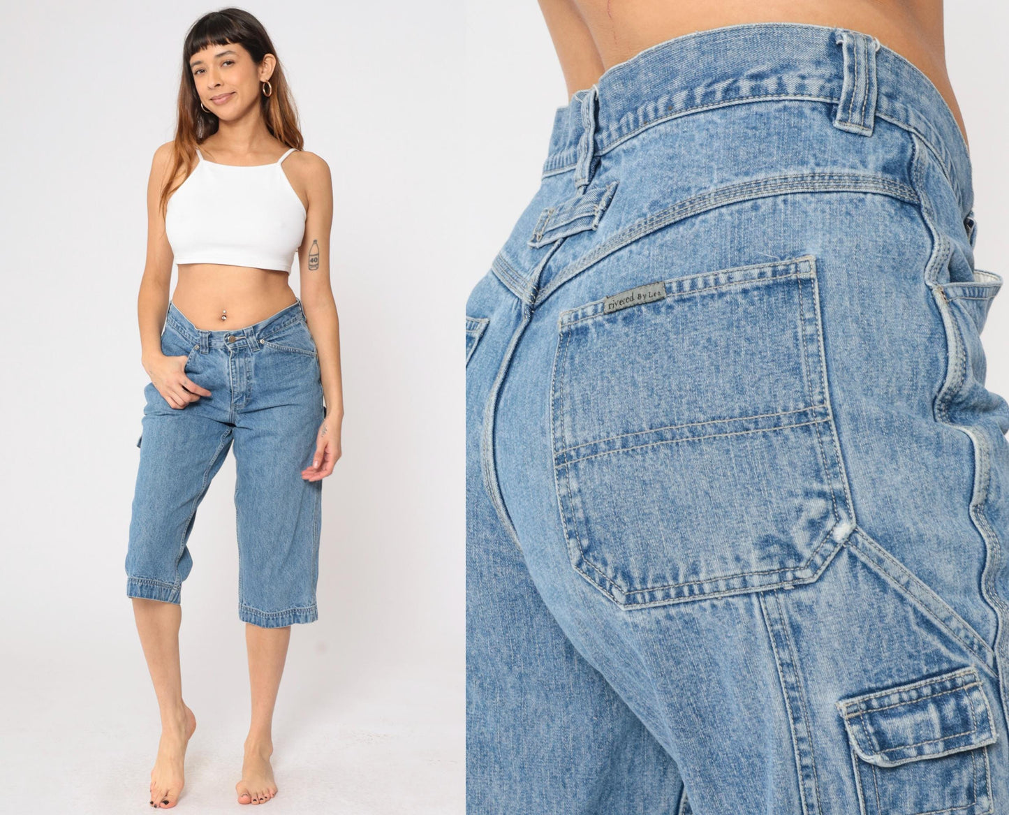 90s Riveted by Lee Capri Jeans Hammer Loop Straight Leg Blue Denim Medium 8