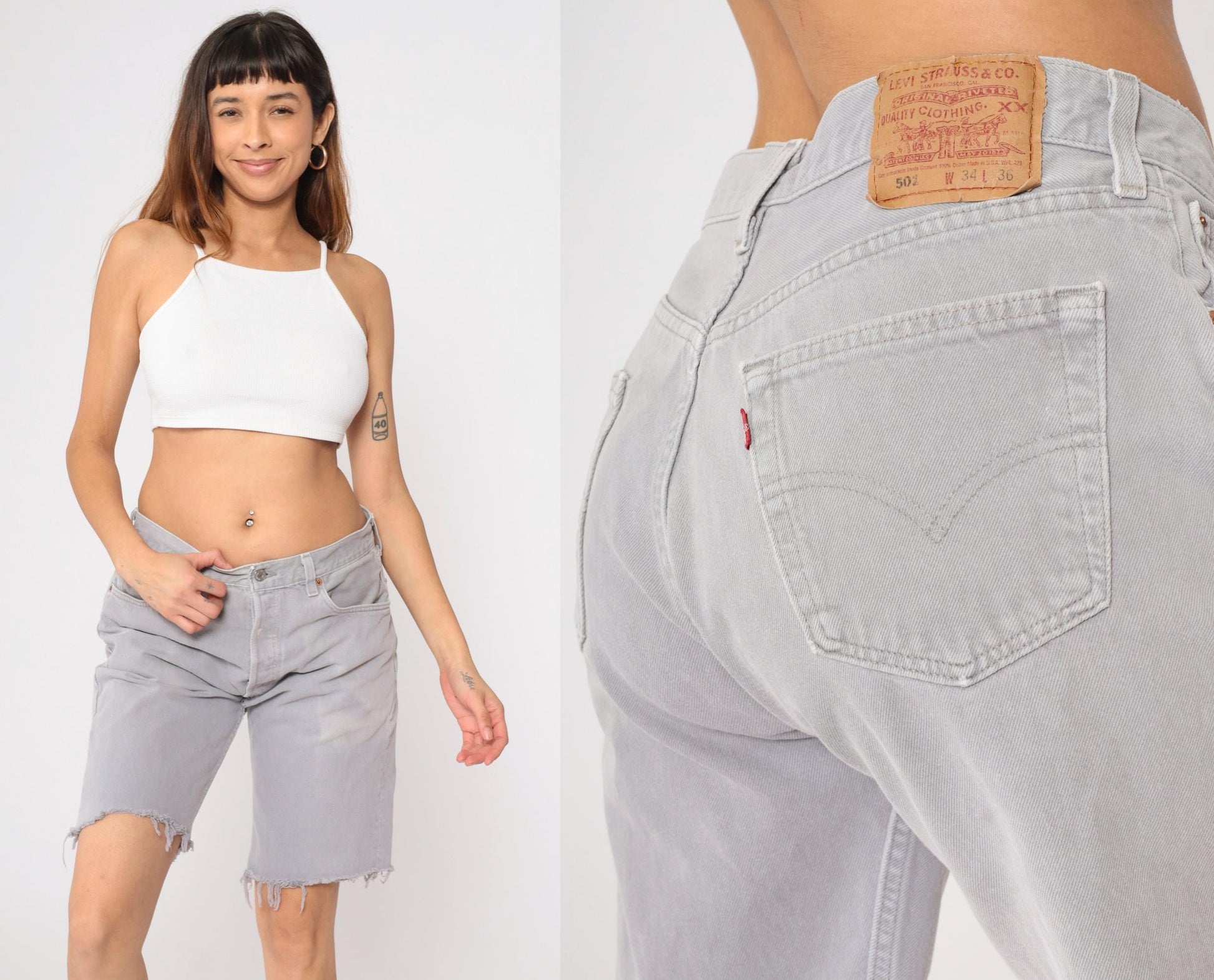 90s Levi's 501 Grey Denim Cut-Off Shorts Frayed Hem Medium 34