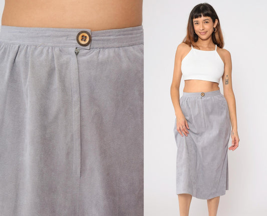 80s Grey Faux Suede Midi Pencil Skirt High Waist Small