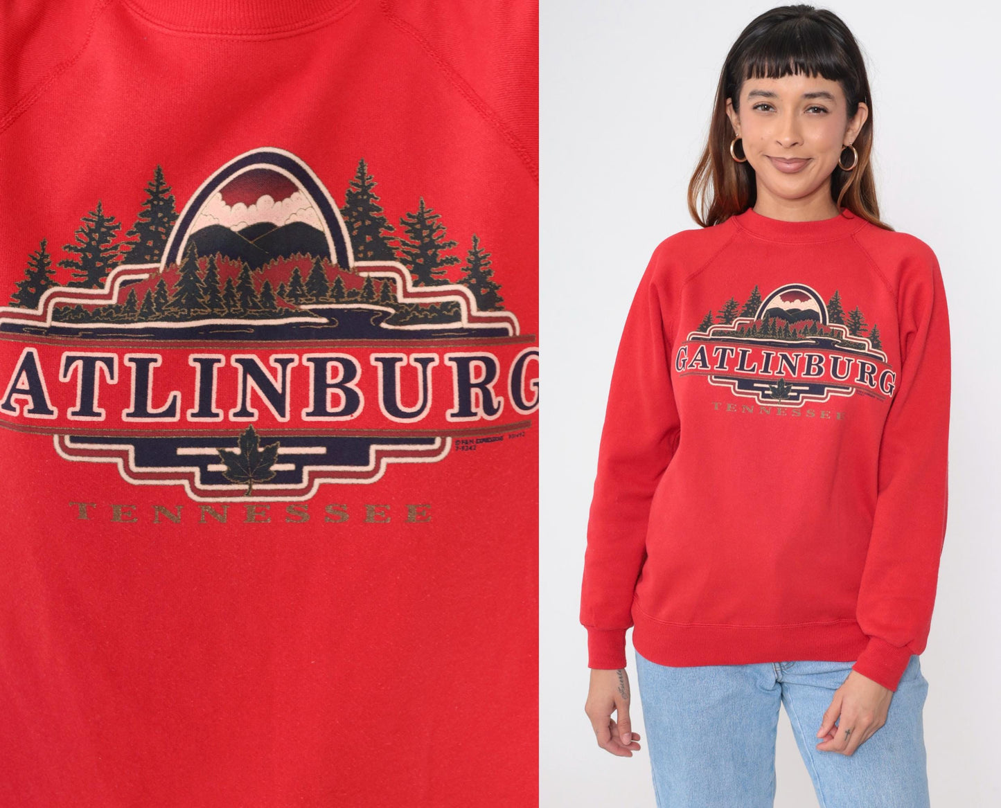 90s Gatlinburg Tennessee Sweatshirt Red Crewneck Great Smoky Mountains Graphic Medium