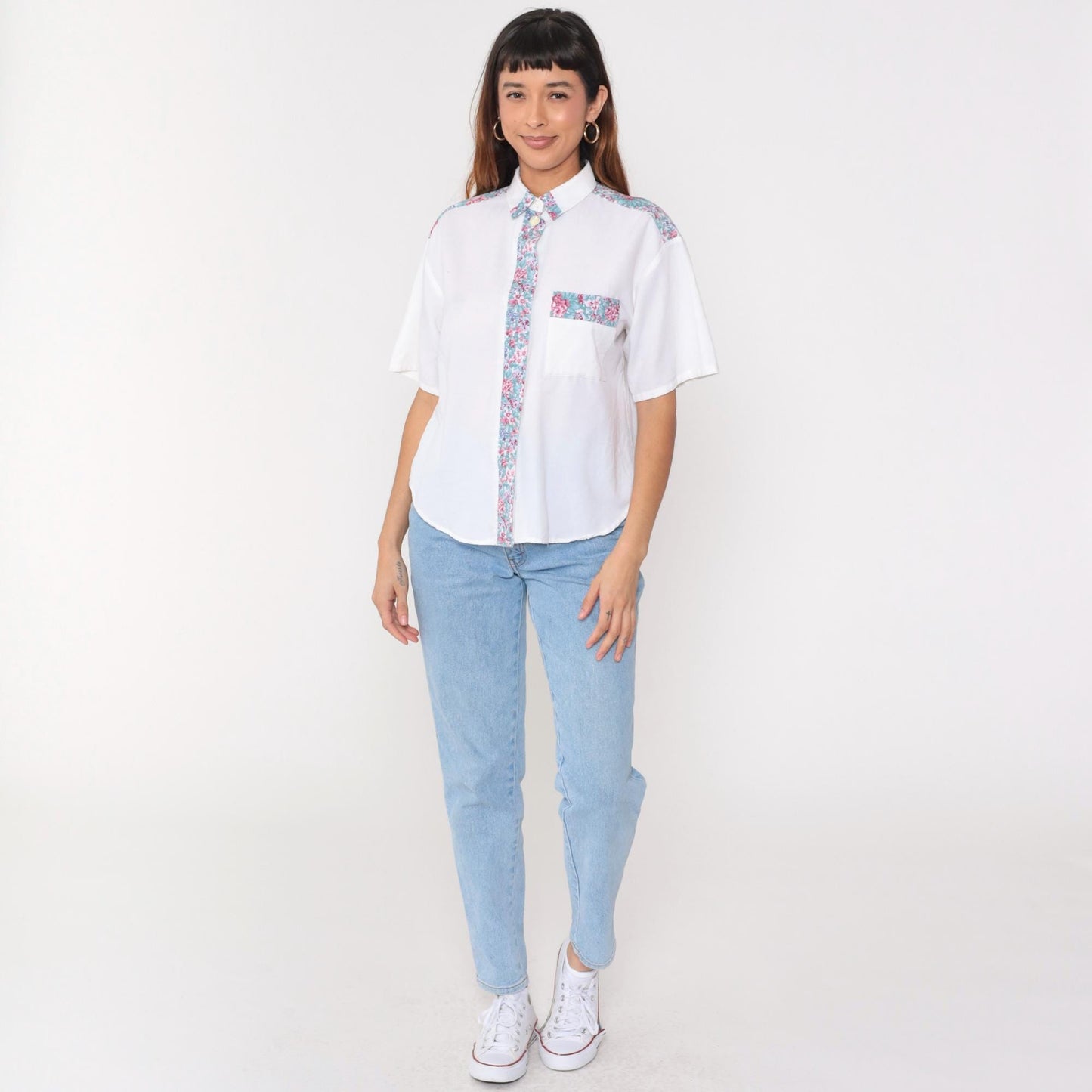 90s Fritzi Petites White Floral Button-Up Blouse Short Sleeve Medium