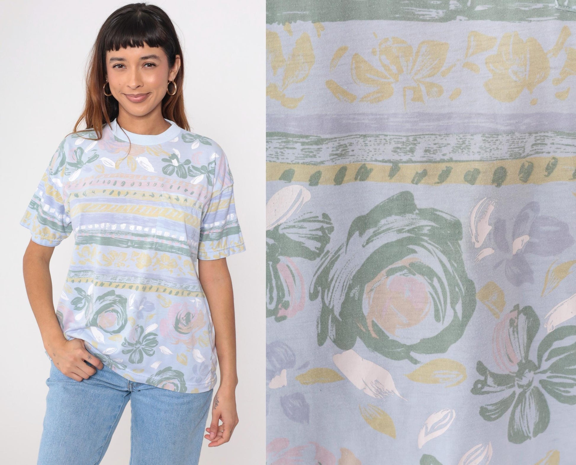 90s Floral Ringer Tee Pastel Blue Striped Graphic T-Shirt Large L