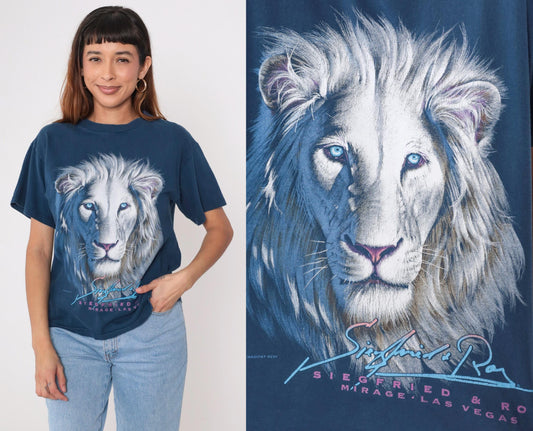 90s Siegfried & Roy Lion Graphic T Shirt Mirage Las Vegas Navy Medium
