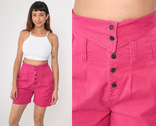 90s Palmettos Hot Pink Denim Shorts High Waisted Pleated Jean Shorts Medium 9