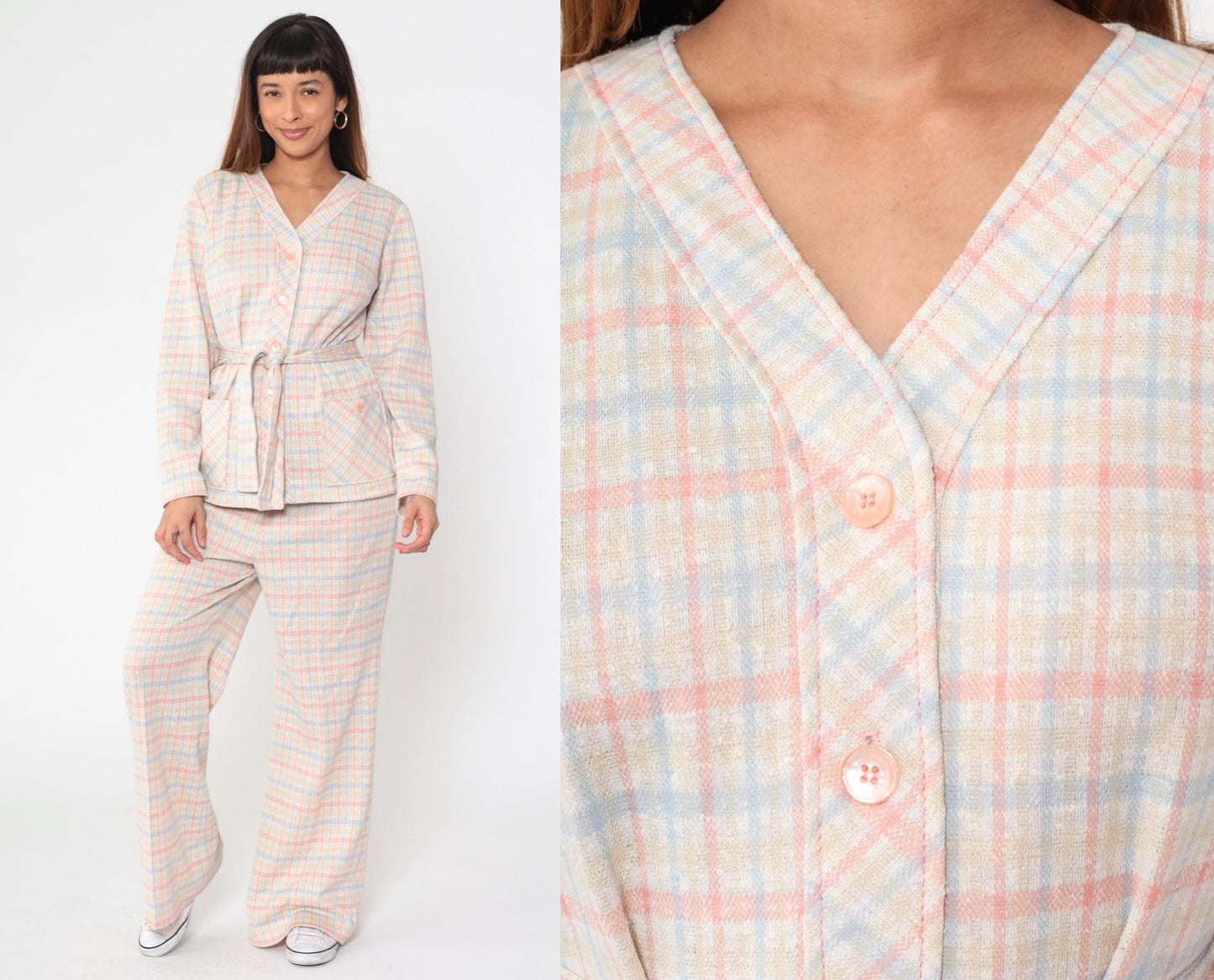 70s Pink Blue Checkered Two Piece Set Wide Leg Pants Blouse Large L