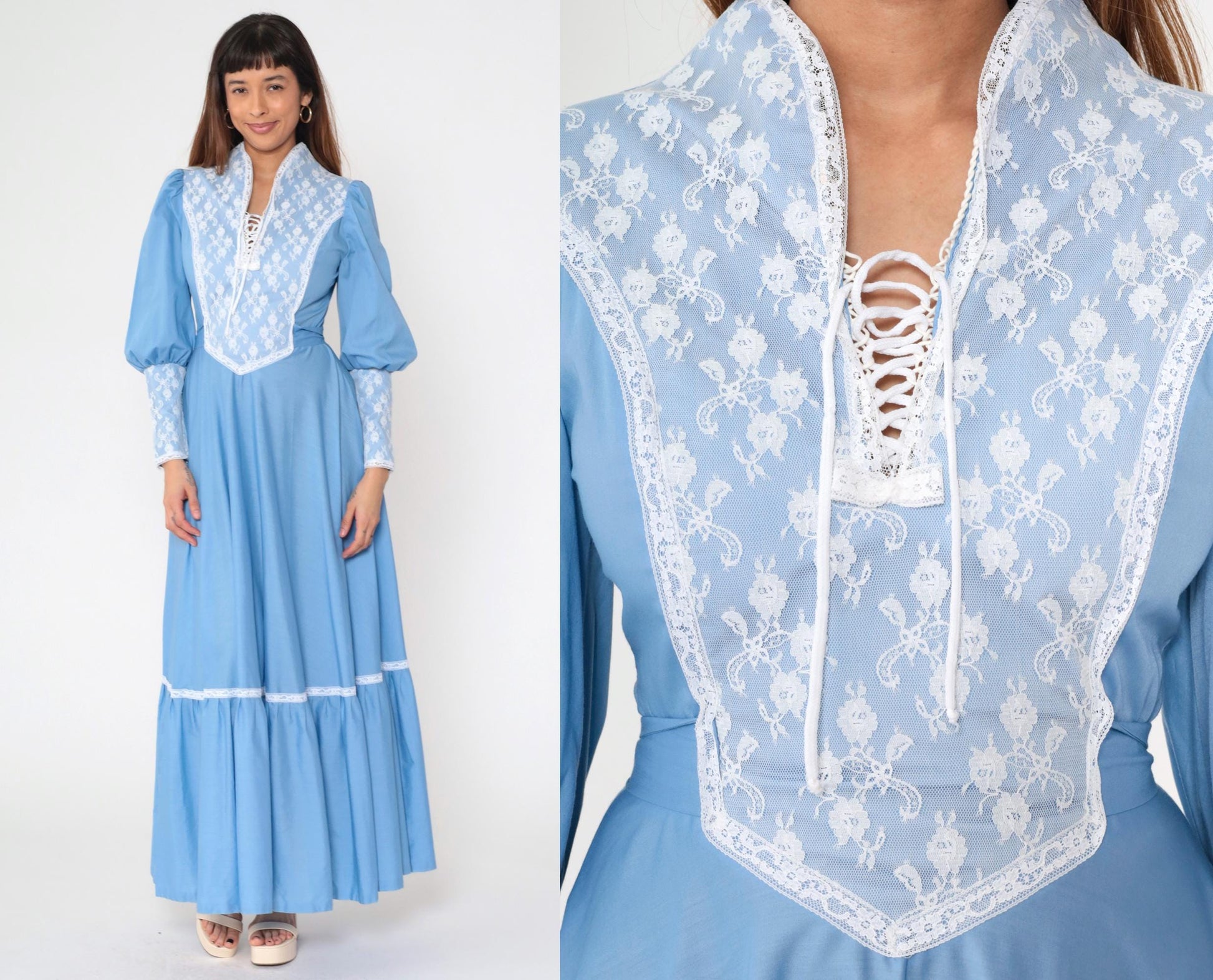 70s Blue Prairie Maxi Dress Lace Bib Puff Sleeve Lace-Up Small