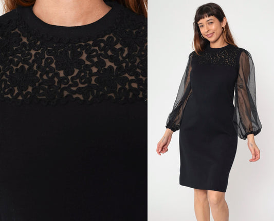 60s R & K Knits Black Sheath Dress Soutache Organza Sleeves Small