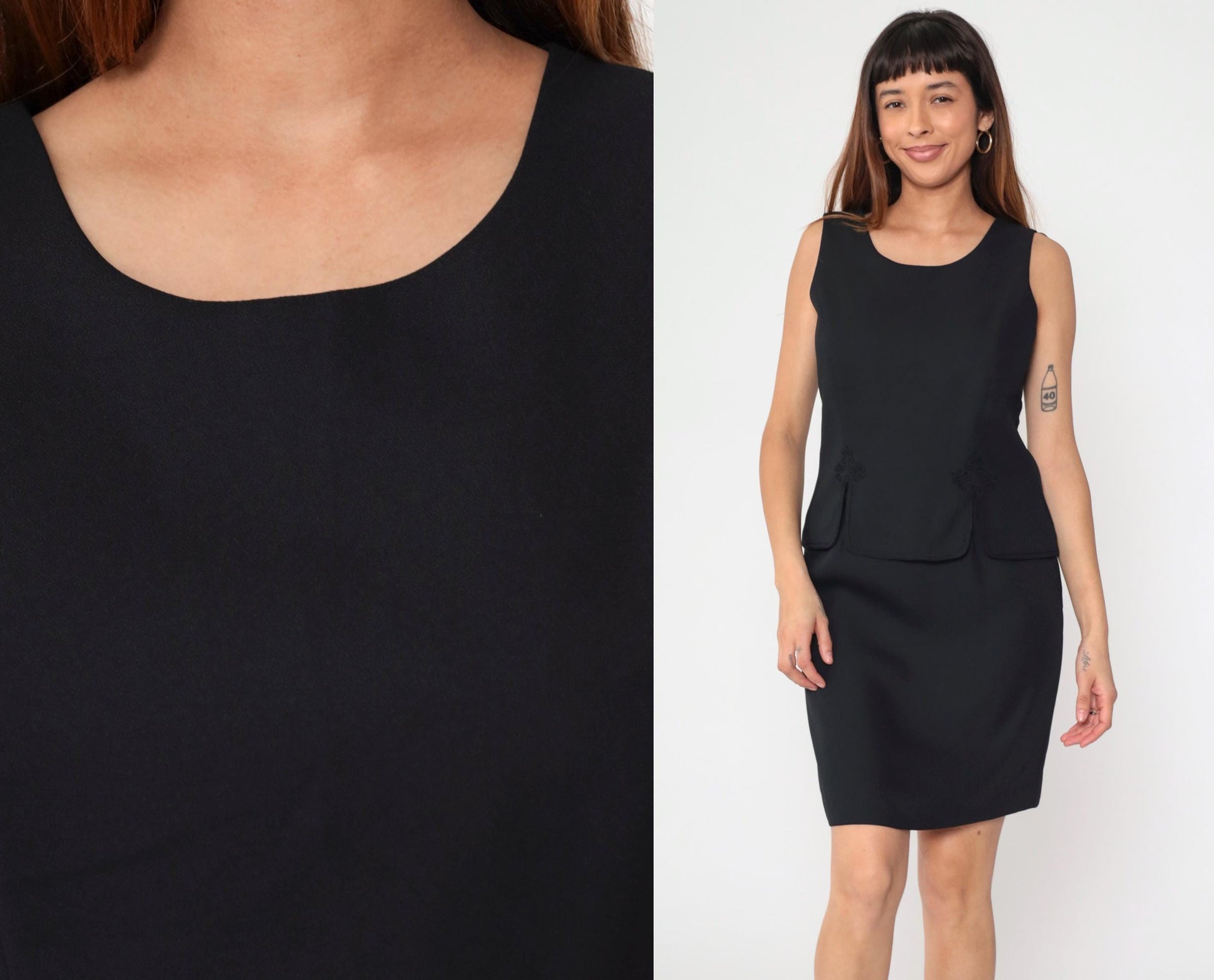 90s Black Mini Dress Soutache Trim Sleeveless Sheath Medium M