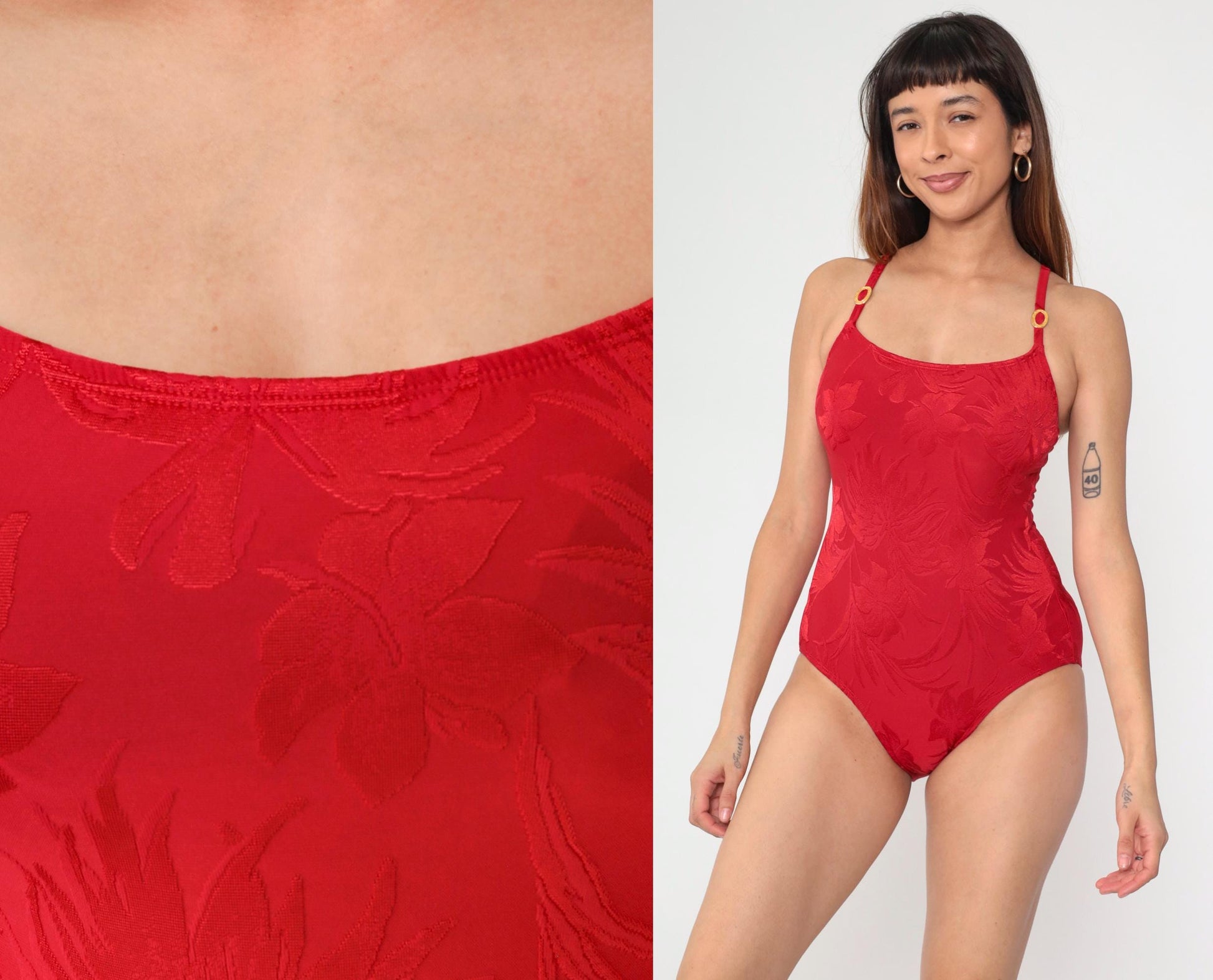 90s Red Floral Embossed One-Piece Swimsuit Tropical Print Small