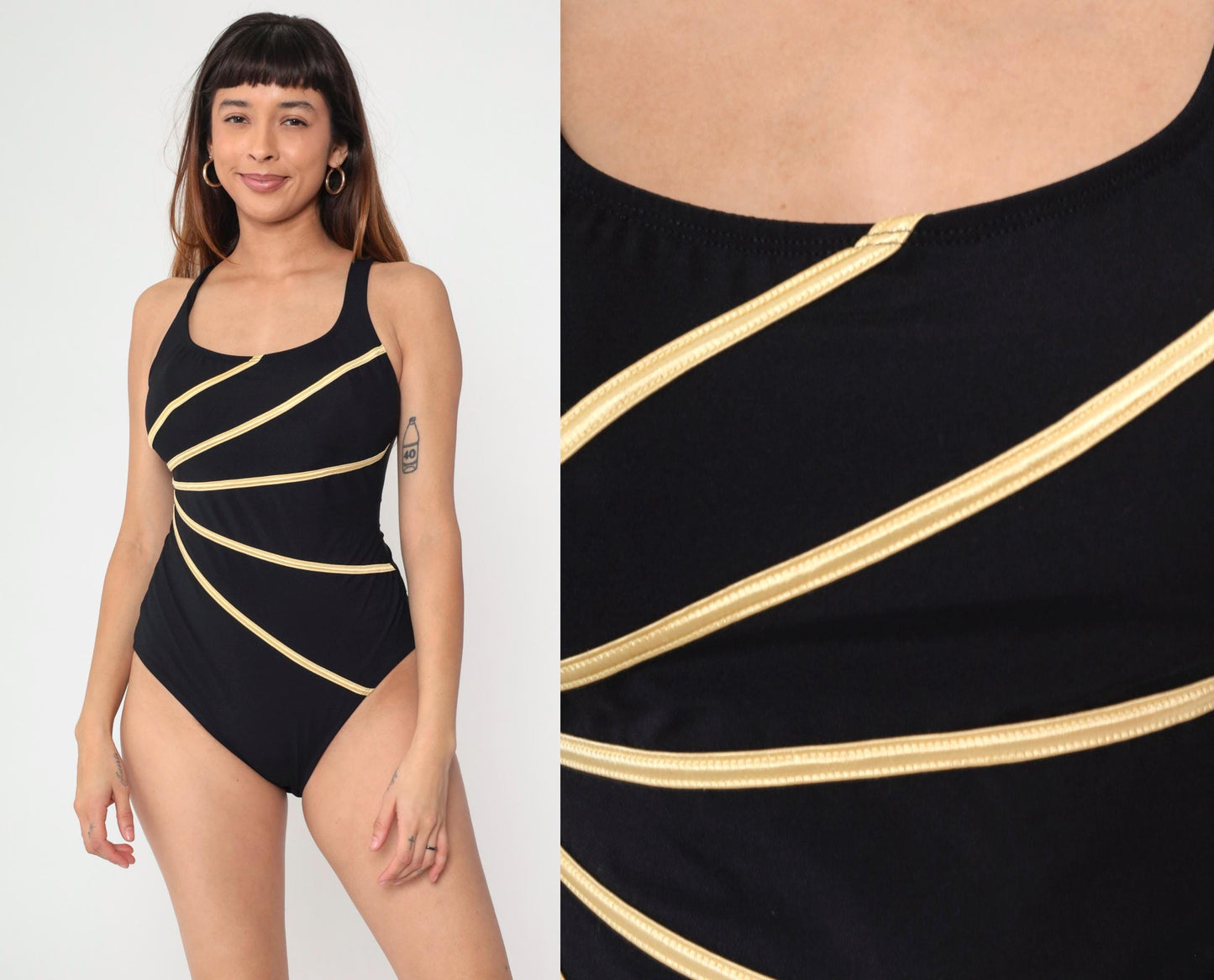 90s Black Gold Starburst One-Piece Swimsuit Scoop Back Large 12