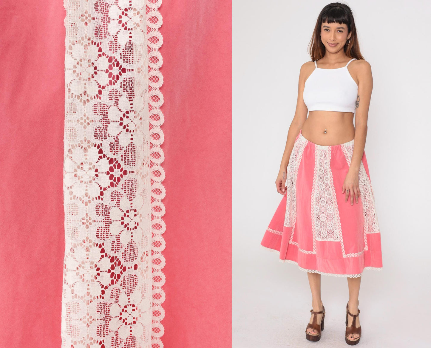 70s Carefree Fashions Pink Velour Midi Skirt Lace Trim High Waist Medium Large