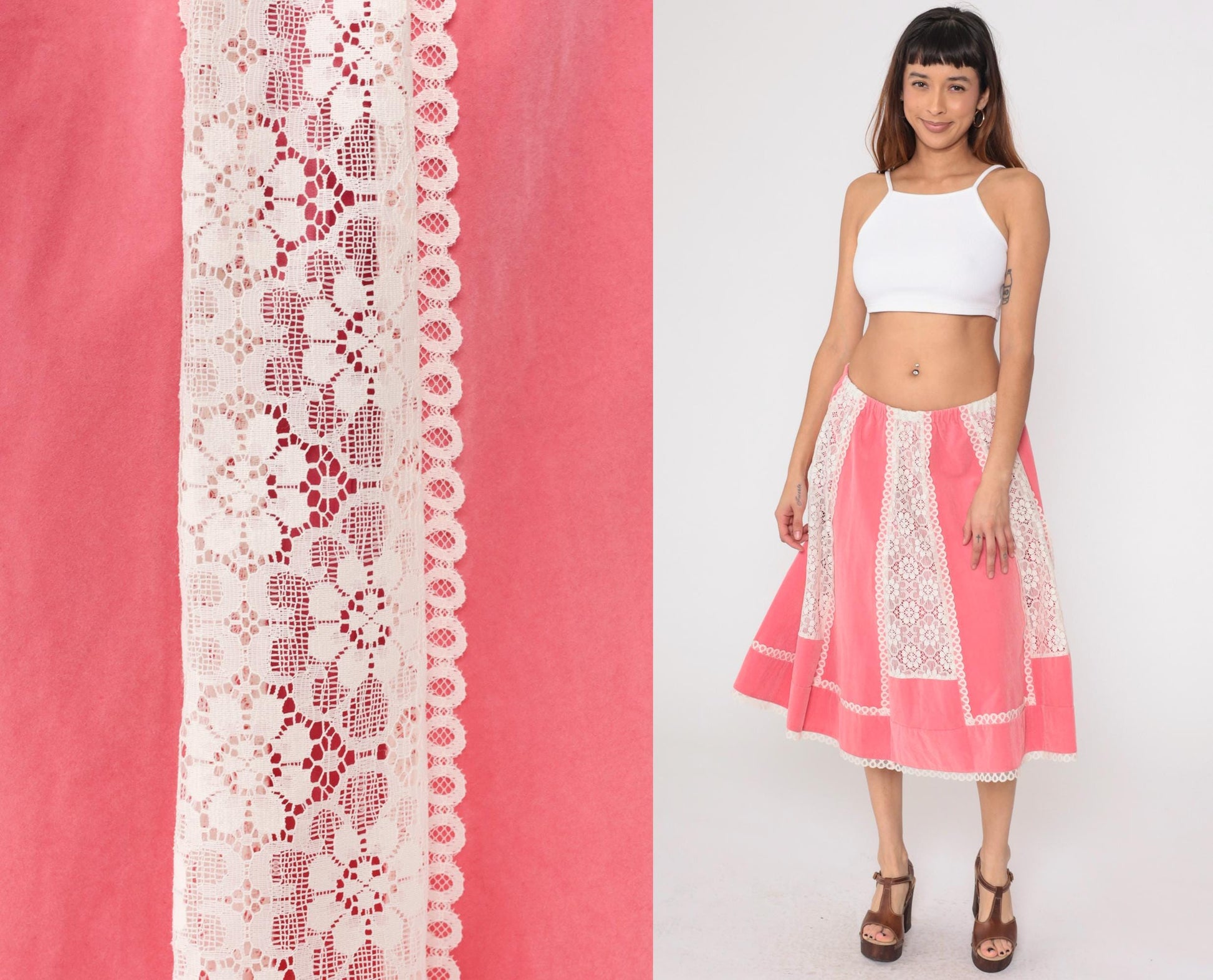 70s Carefree Fashions Pink Velour Midi Skirt Lace Trim High Waist Medium Large