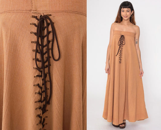 70s Brown Strapless Maxi Dress Lace Up Corset Front Small