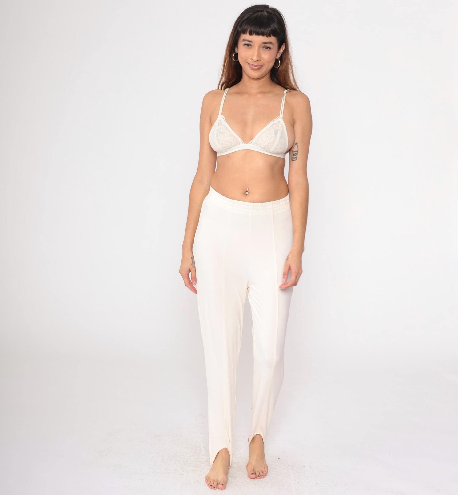90s Cream Stirrup Pants Tapered High Waist Cotton Petite Medium