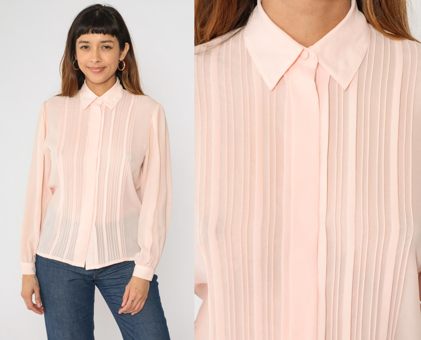 90s Laura and Jayne Pink Pleated Blouse Puff Sleeve Button Up Small