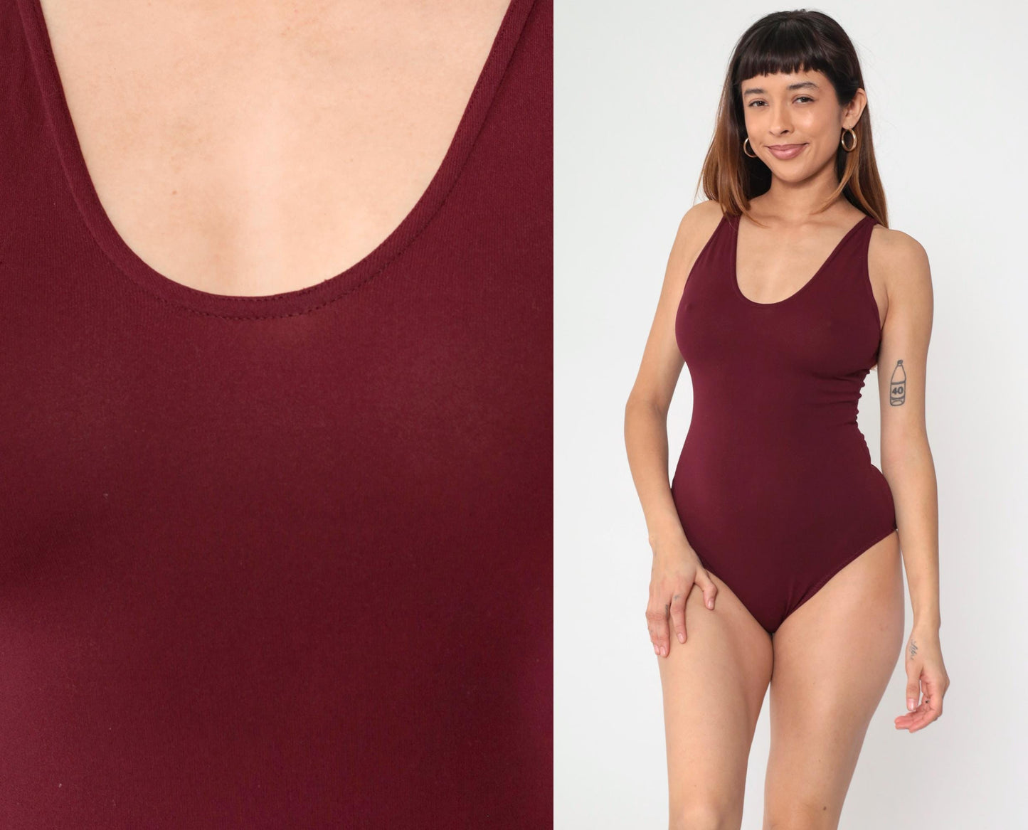 80s Burgundy Sleeveless Leotard Scoop Neck Bodysuit Small Medium