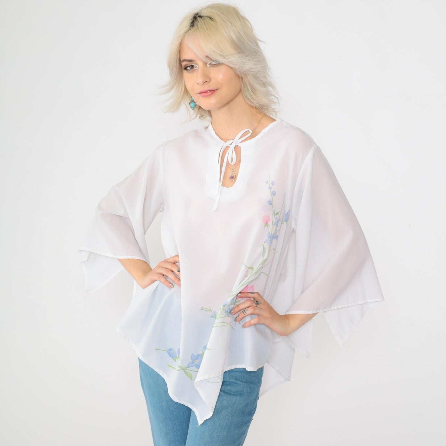 70s Teddi of California Floral Blouse White Bell Sleeve Keyhole Neck Medium