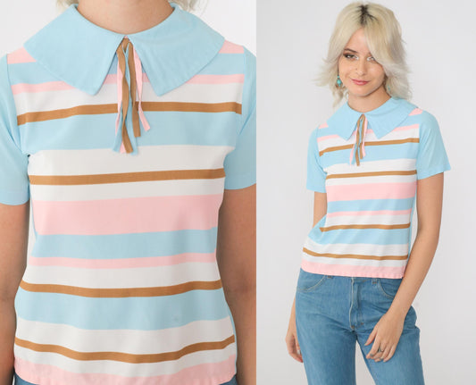 60s Striped Blouse Pilgrim Collar Tassel Neckline Blue Pink Brown Extra Small