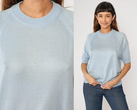 80s Blue Knit Sweater Raglan Short Sleeve Crewneck Rear Zip Large L