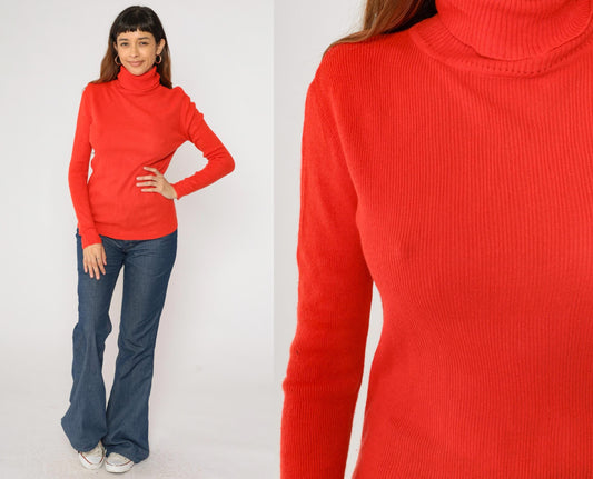 70s Red Ribbed Knit Turtleneck Sweater Pullover Medium