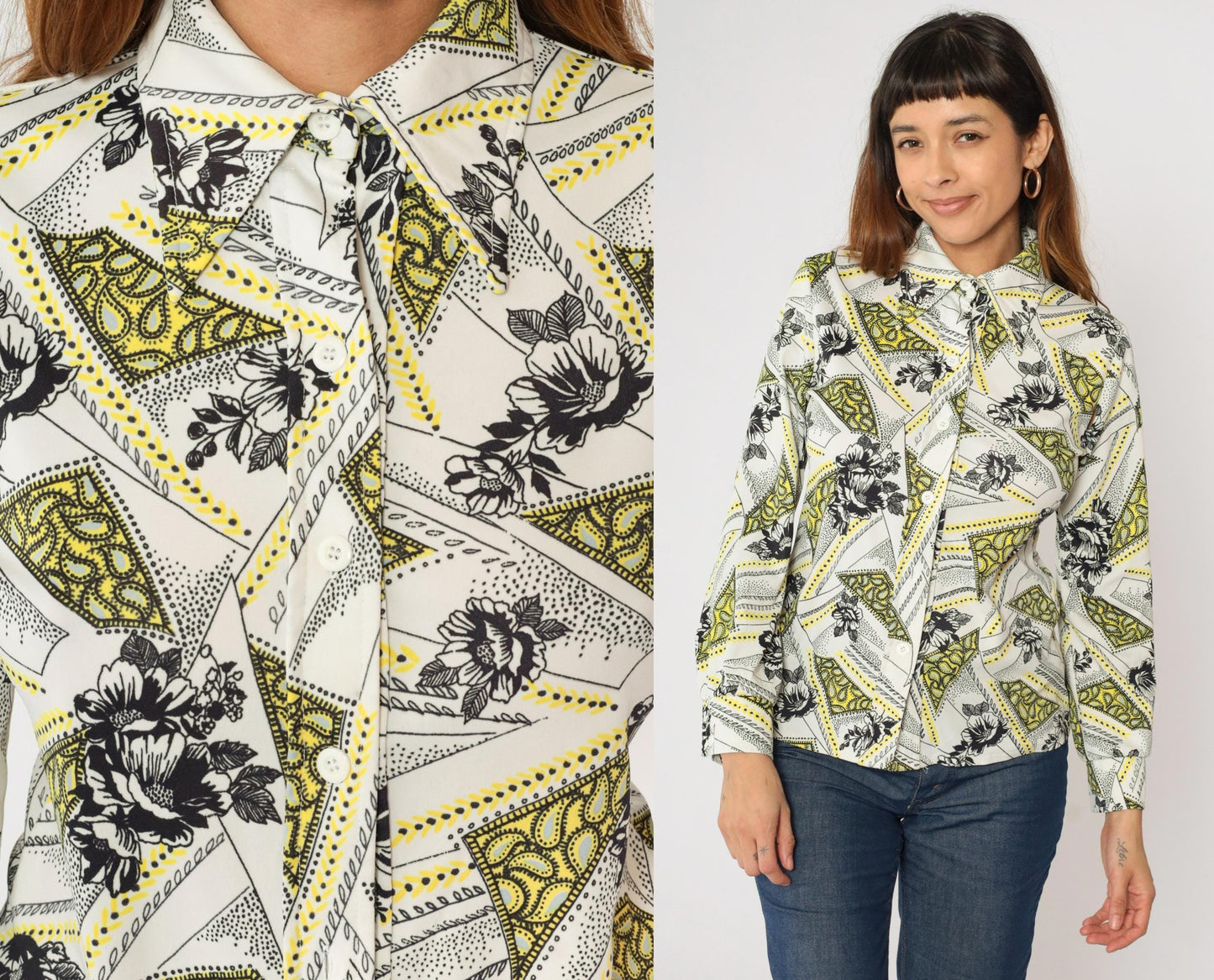 70s Floral Paisley Dagger Collar Button-Up Blouse Long Sleeve White Small