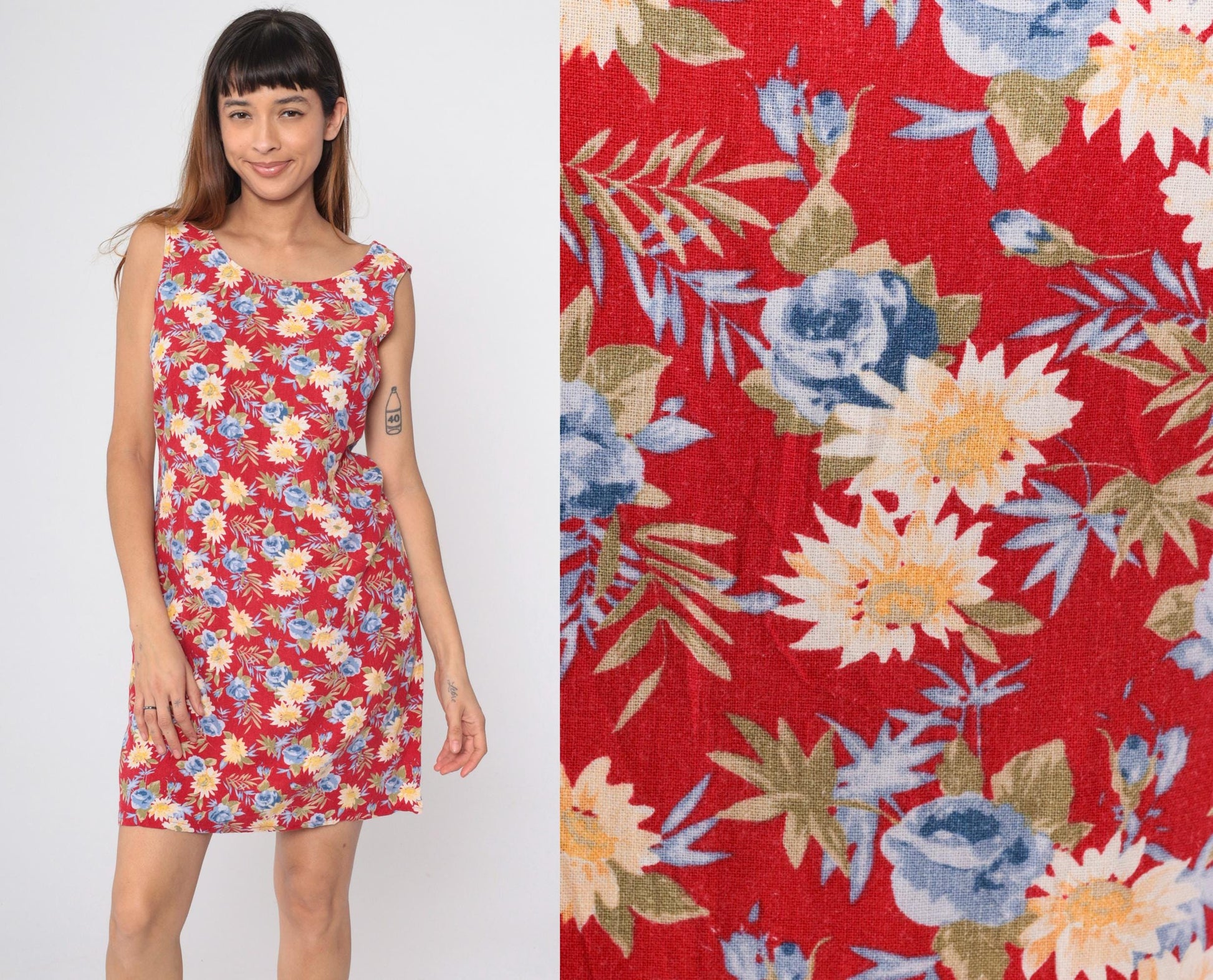 90s Floral Mini Dress Red Wildflower Print Shift Sundress Sleeveless Small Medium