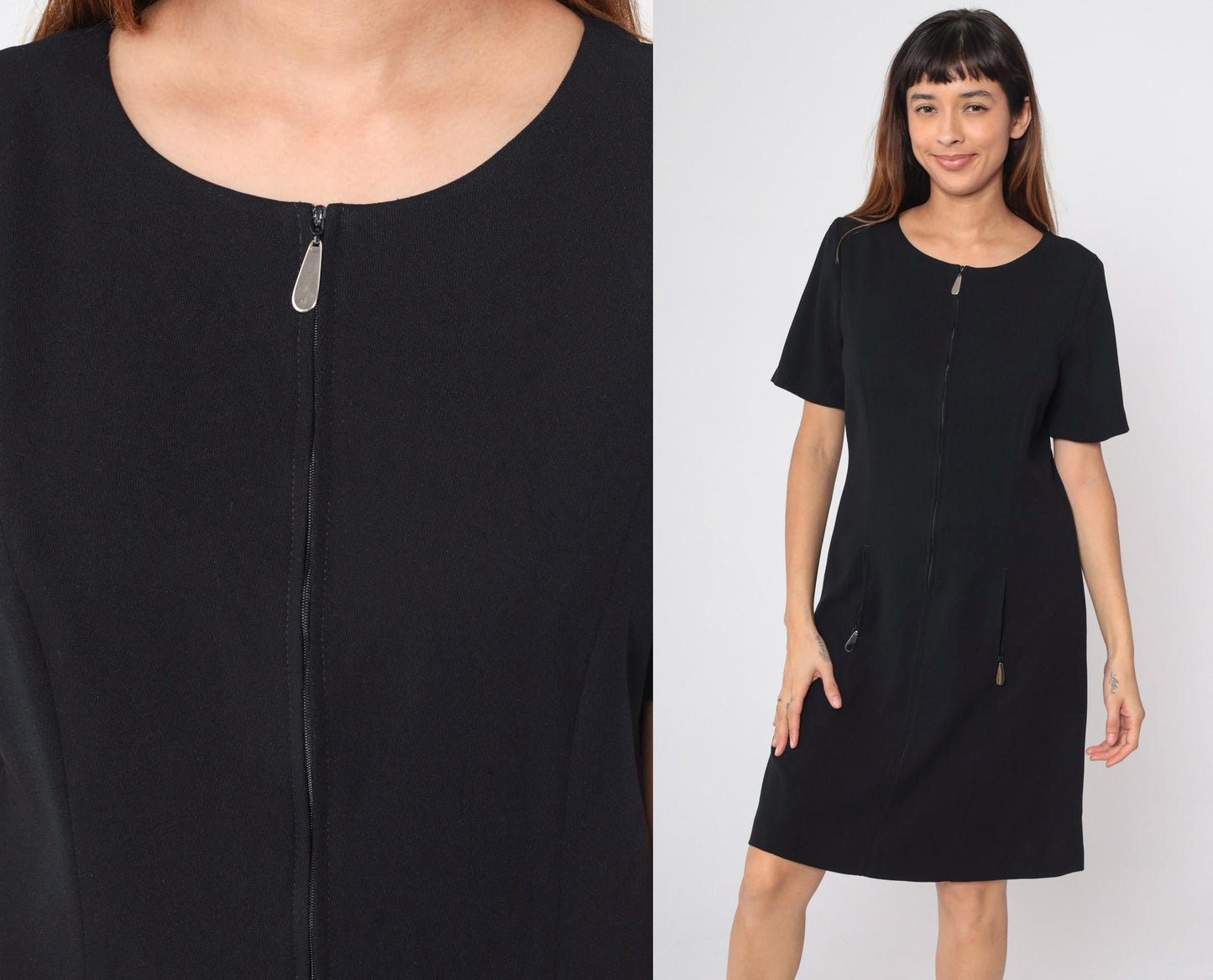 90s Carole Little Black Zip Mini Dress Shift Cut Pockets Medium
