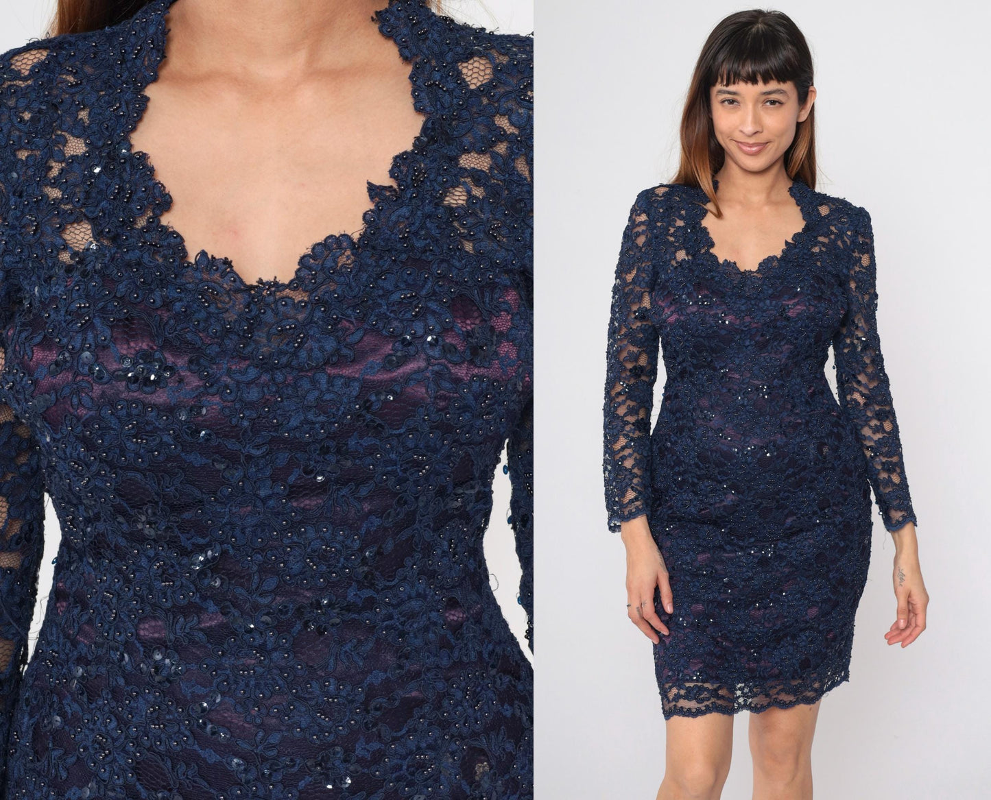 90s Navy Beaded Lace Mini Dress Long Sleeve Bodycon Sequin Small S