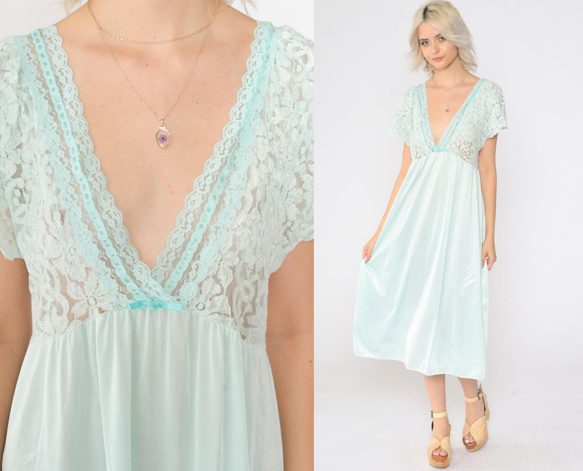 80s Aqua Lace Slip Dress Sheer Flutter Sleeve Nightgown Medium