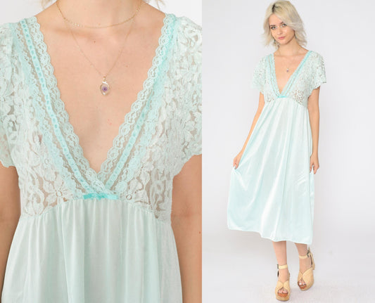 80s Aqua Lace Slip Dress Sheer Flutter Sleeve Nightgown Medium
