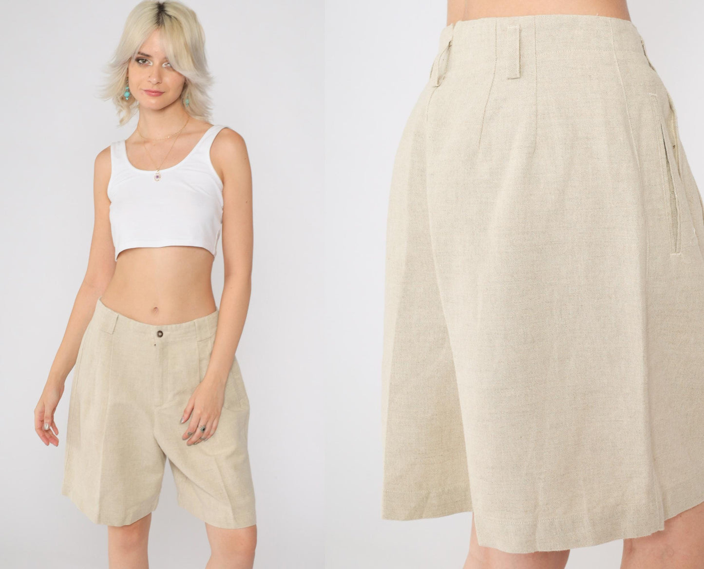 90s Liz Claiborne Pleated Shorts Beige Linen High Waist Medium