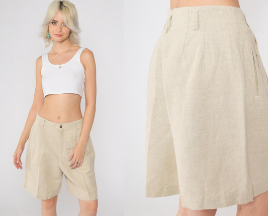 90s Liz Claiborne Pleated Shorts Beige Linen High Waist Medium