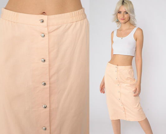 80s Peach Snap-Front Midi Skirt Studded Sides High Waist Medium