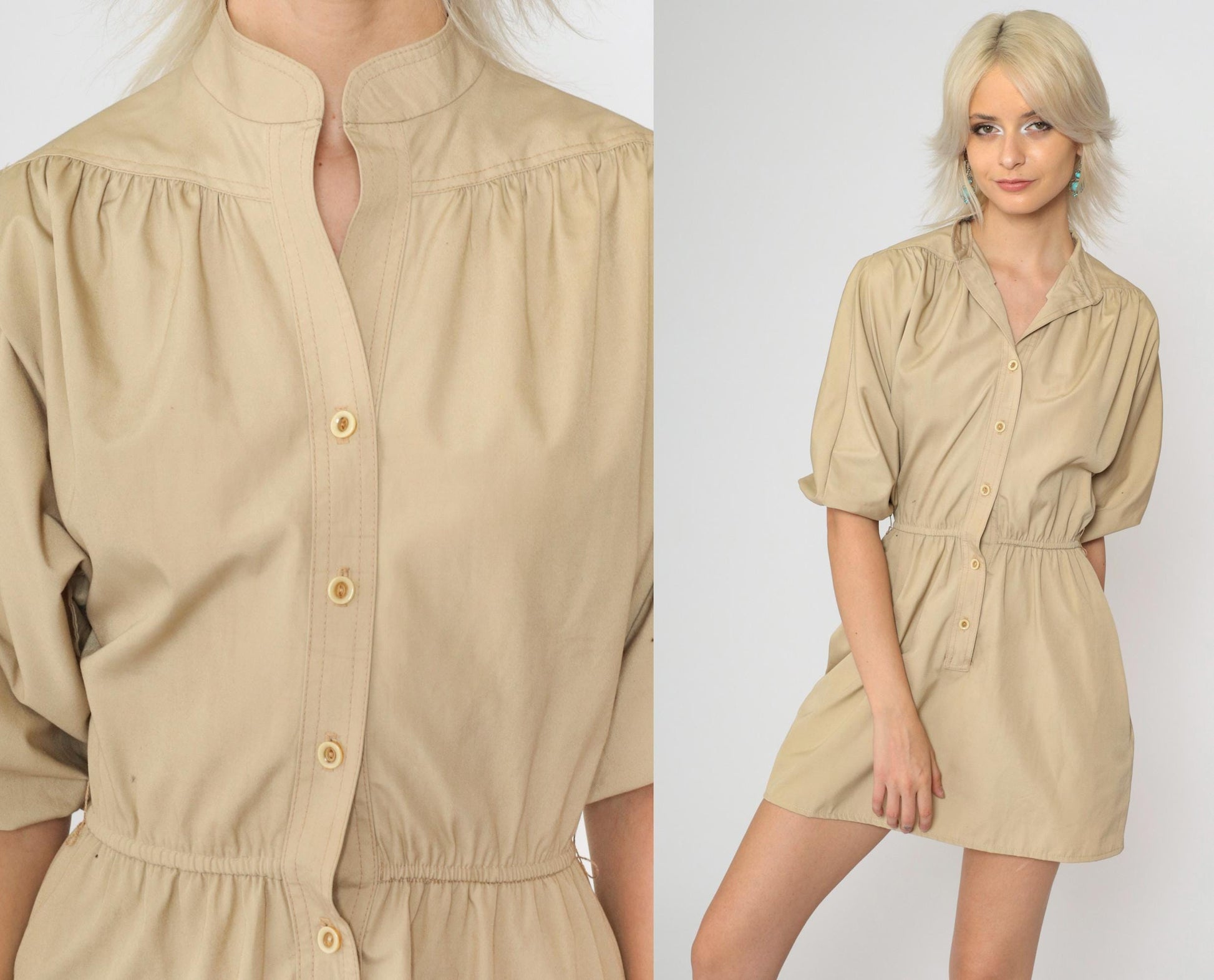 70s Tan Button-Up Mini Shirtdress High Waist Short Sleeve Small