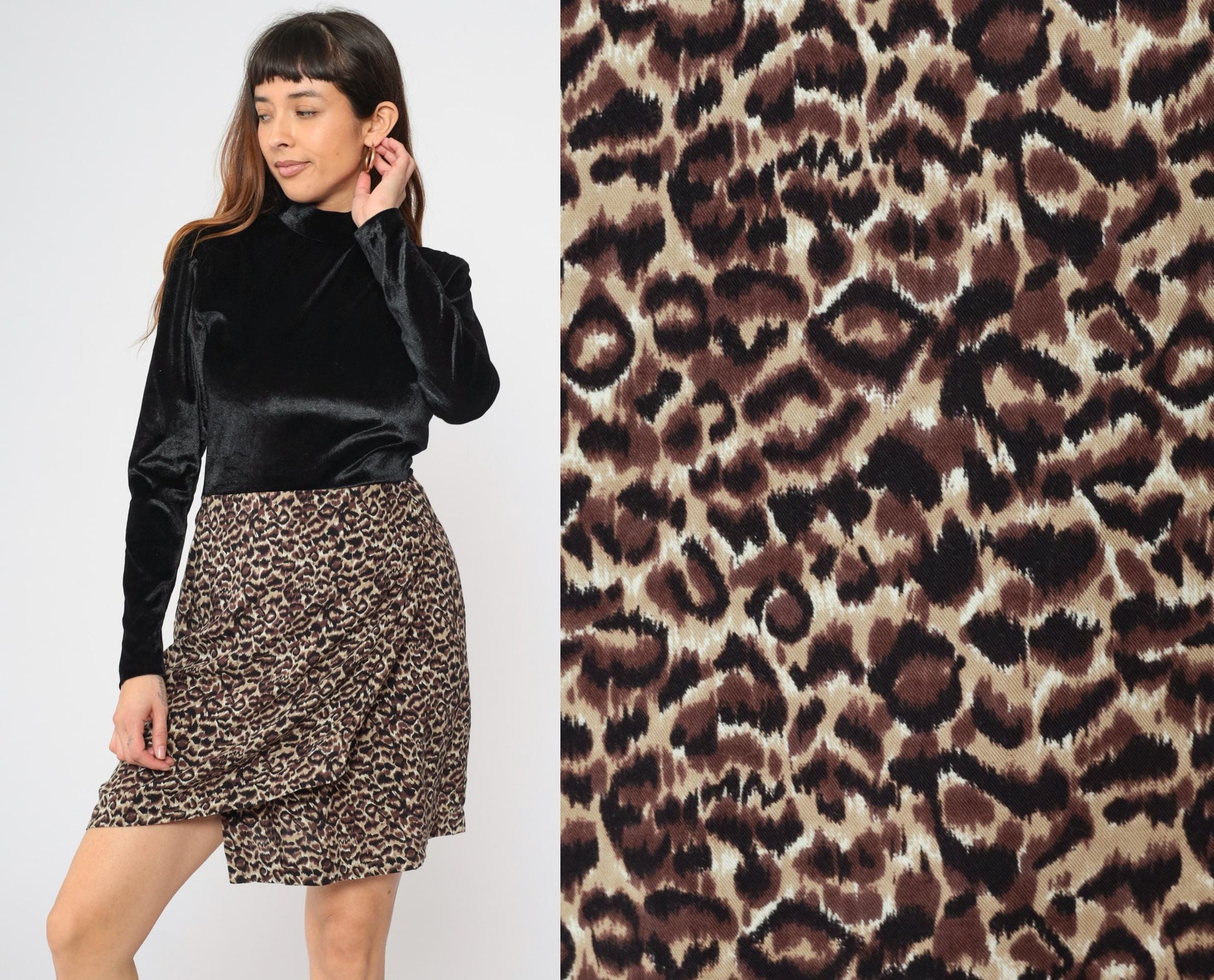 90s Velour Leopard Print Mini Dress Mock Neck Black Long Sleeve Small