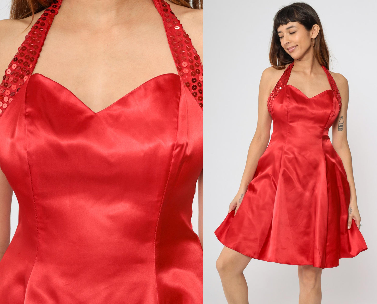 90s Zum Zum Red Satin Sequin Mini Halter Dress Open Back Medium
