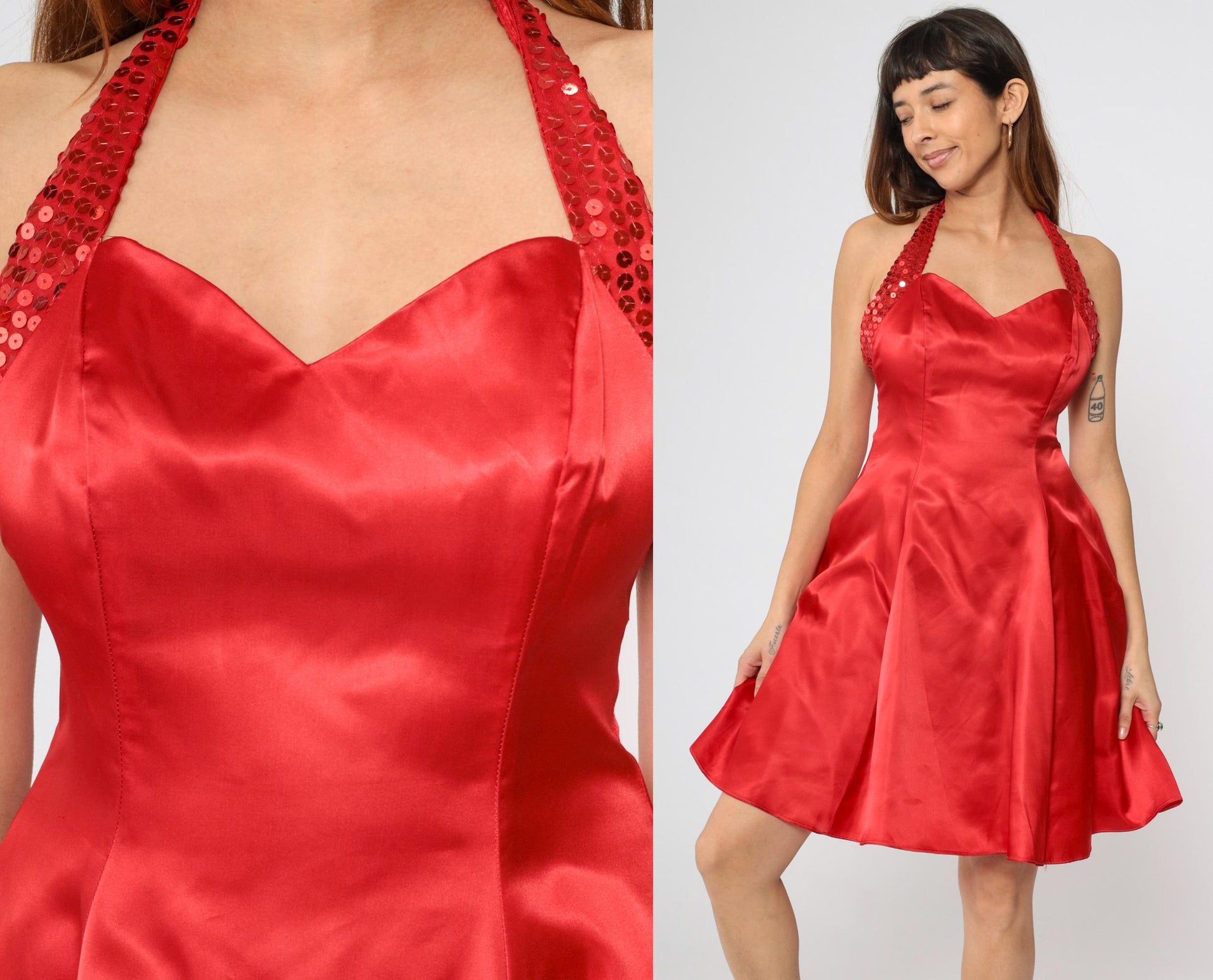 90s Zum Zum Red Satin Sequin Mini Halter Dress Open Back Medium