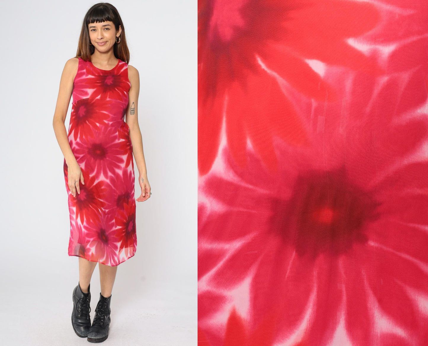 90s Red Pink Floral Midi Dress Empire Waist Sleeveless Round Neck Extra Small