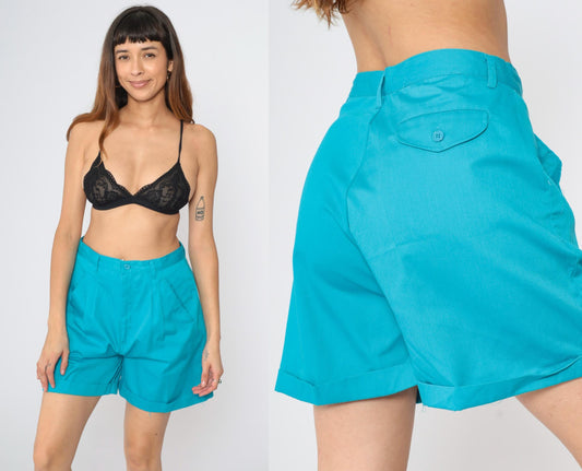 90s Hunters Gren Turquoise Pleated High-Waist Shorts Medium